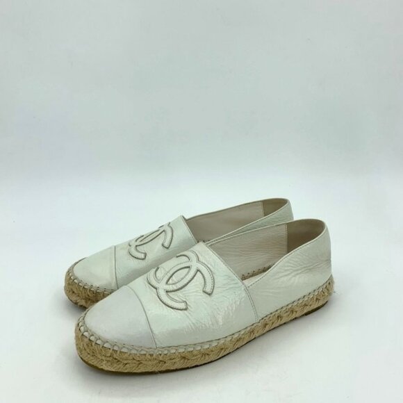 Chanel White Leather Espadrilles Size 37 Double C Logo With Jute Sole Made In Sp